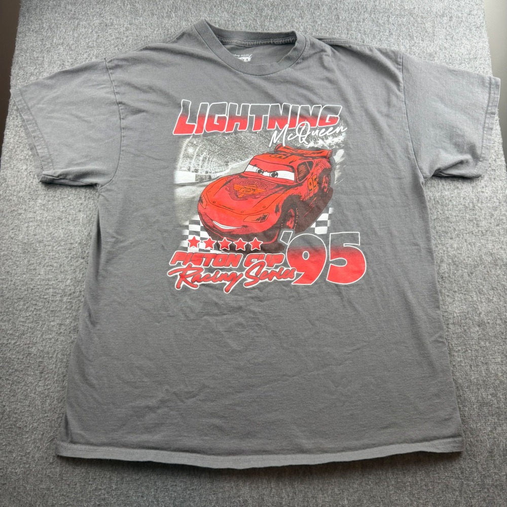 Disney Pixar Cars T Shirt Mens XL Grey Lightning McQueen Piston Cup Racing 95